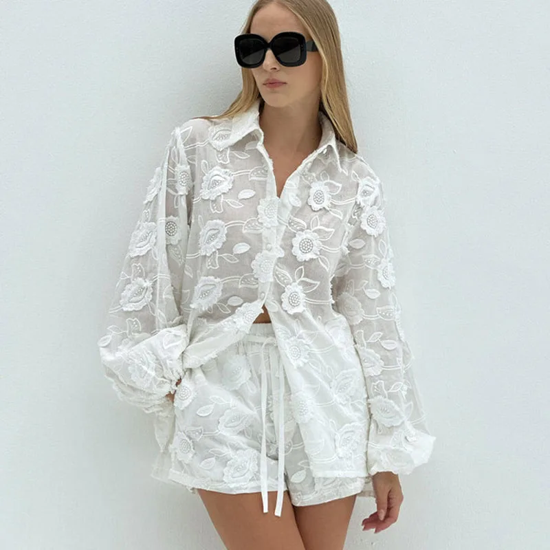 Sexy suit 2024 spring and autumn new fashion cotton embroidered see-through shirt high waist shorts