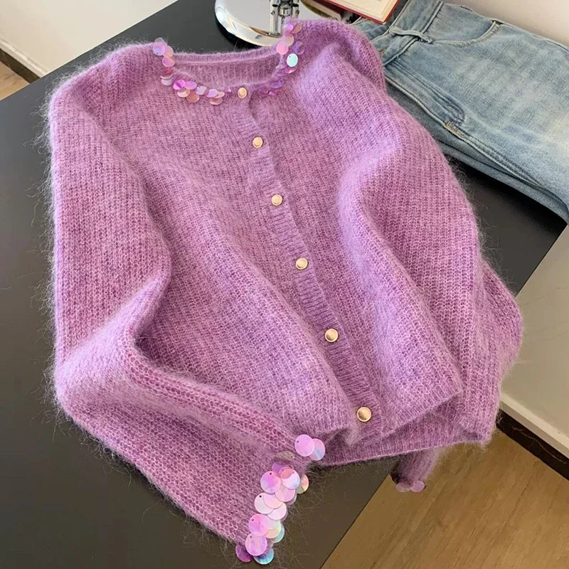 

Korean sweet soft mohair sweater female autumn new purple fragrance sequined round neck casual Joker coat top knitted cardigan