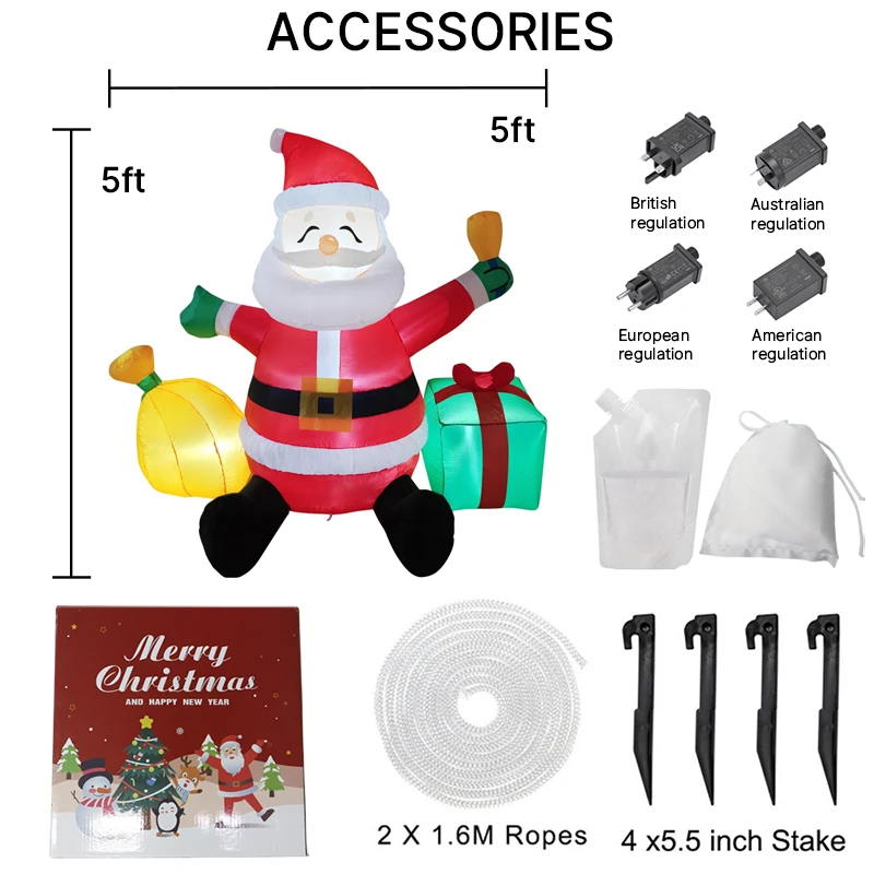 5피트 크리스마스 장식품, 쿠키를 든 산타클로스와 선물 가방 장난감, LED 장식이 있는 집 마당 장식품