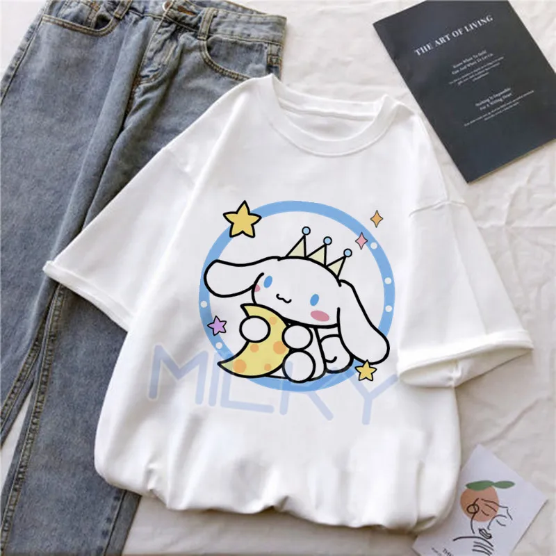 Harajuku O-neck Short Sleeved T-shirt Cinnamoroll Printed High-quality Tshirt Comfortable Streetwear Tops Y2k Women's Clothing