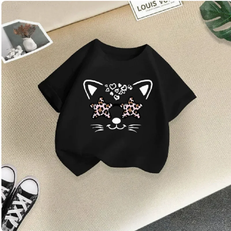Hot Sale Cross-Border Girls 'Short-Sleeved Children's T-shirt – Cute Cat Print Korean Style Mid-to-Young Children's Summer Wear
