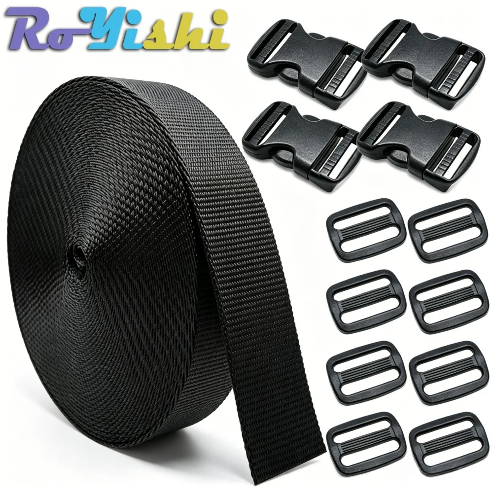 Image of 10-50mm 5 Yards Schwarzes Nylon-Gurtband, 4x Schnellverschluss-Schnallen, 8x Tri-Glide Schiebeclips DIY Rucksack-Schnallen und Gurtsätze