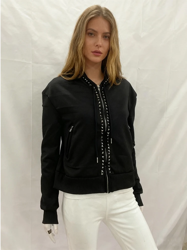 

Gothic retro Harajuku ins rhinestone decoration hooded zipper cardigan sweatshirt autumn street fashion trend Y2k clothing