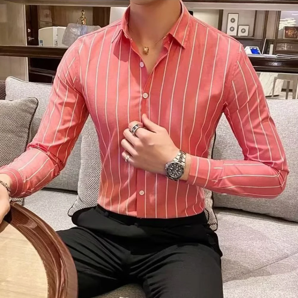 

Деловая повседневная рубашка Мужская рубашка с длинным рукавом подходит для весны Красная рубашка с длинным рукавом из слегка растягивающегося материала Рубашка в красную полоску