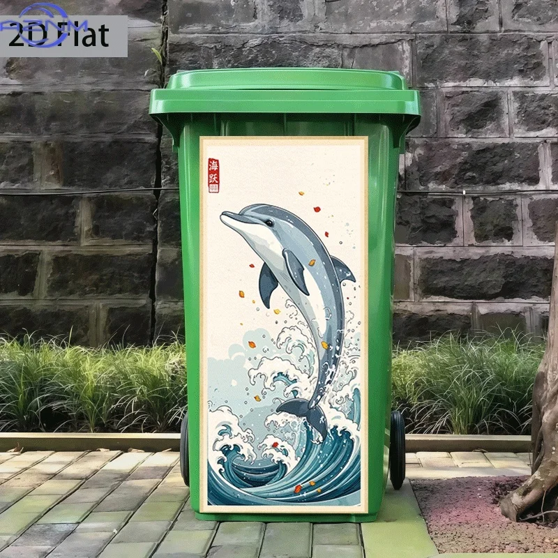 2D Flat Printing 1pc Trash Can Sticker  Ocean Leap Whale and Dolphin Breaking Waves Theme Design Self-Adhesive Kitchen Trash C