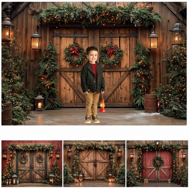 

VIKAMA Christmas Wooden Door Background Children's Family Photography Winter Wreath Children's and Adult Photography Background