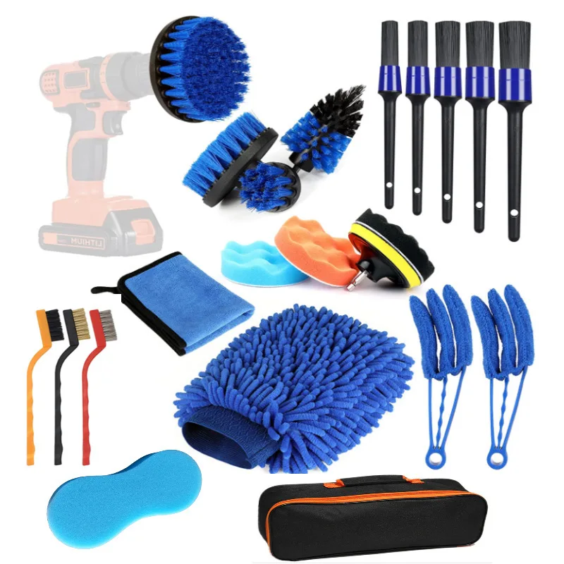 

22PCS Car Cleaning Tools Wheel Hub Drill Brush Interior Details Dust Blinds Brush Microfiber Car Wash Towel Waxing Sponge