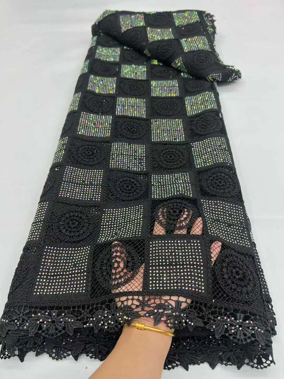 

African Embroidery Lace Fabric High Quality Cotton Rhinestone Water Soluble Tulle For Luxury Wedding Dress Sewing by 5 Yard