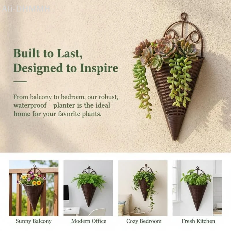 ZLinKJ Brown Wall Hanging Cone Planters Imitation Rattan Weave Vintage Farmhouse for Bedroom Wall Greenery Display Decor