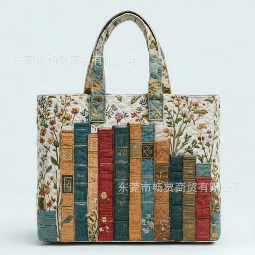 Vintage Women Quilted Tote Bag Lightweight 3D Printed Patterns Canvas Shoulder Bag Large Capacity Cotton Shopping Bag Lady Girl