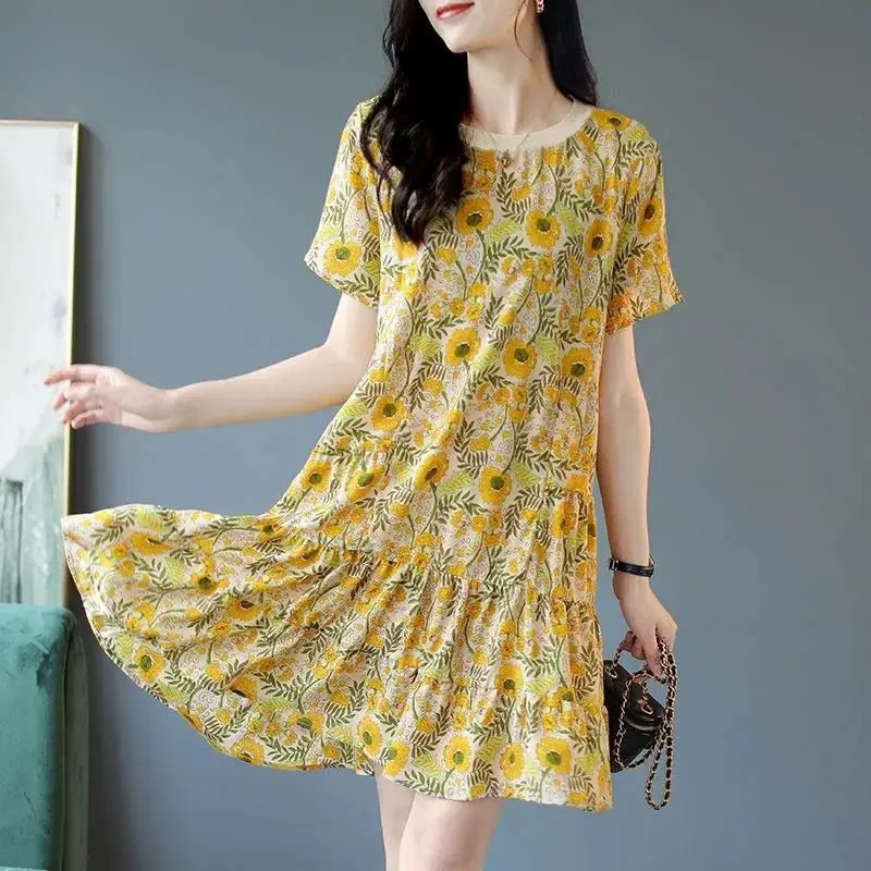 

2022 summer Korean short-sleeved print large size dress loose ruffled A-line korean dress vestidos Straight