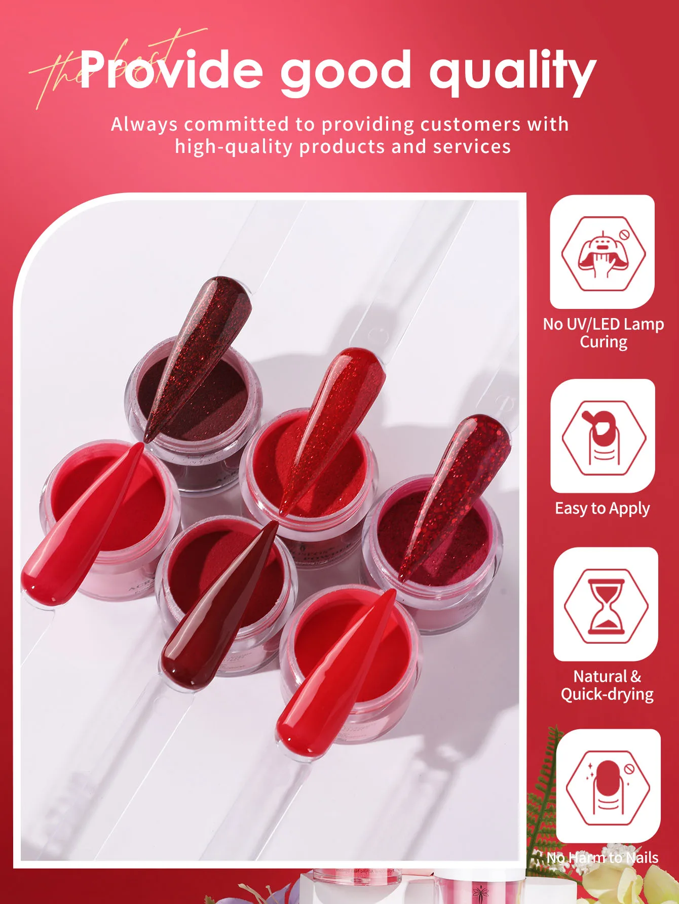 Conjunto de pó de unha de cristal vermelho de 6 cores, conjunto inicial de pó de unha de cristal, salão de manicure francês DIY, sem necessidade de lâmpada de unha