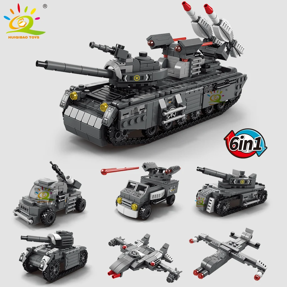 HUIQIBAO WW2 Military Tank 648pcs 6in1 Building Blocks Set Truck Plane Army Bricks City Construction Toy For Children Kids Game