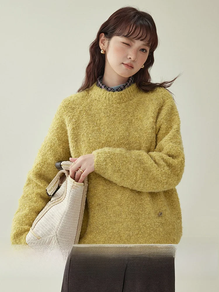 

Женский шерстяной свитер AMUU, желтый, вязаный, свободного кроя, с длинными рукавами, круглым вырезом, зимний, новый, удобный, для повседневной носки