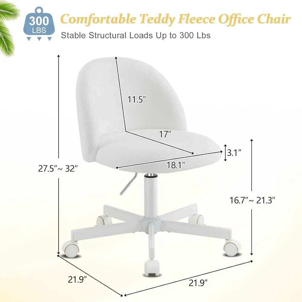 Candy Chair Armless Cute Desk Chair,Comfy Small Office Chair with Wheels,Vanity Chair with Lumbar Support,Teddy Adjustable