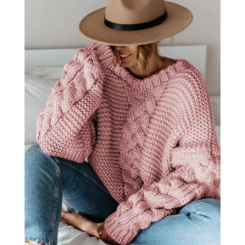 2024Autumn and Winter New European and American Sweater Women's Popular round Neck Twist Shoulder-Baring Sweater Women's