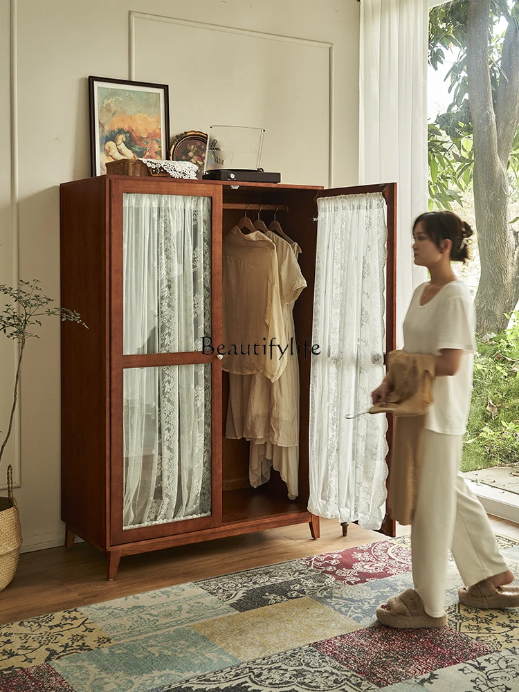 

French solid wood retro cabinet bedroom home hanging clothes large capacity gauze curtain glass cabinet