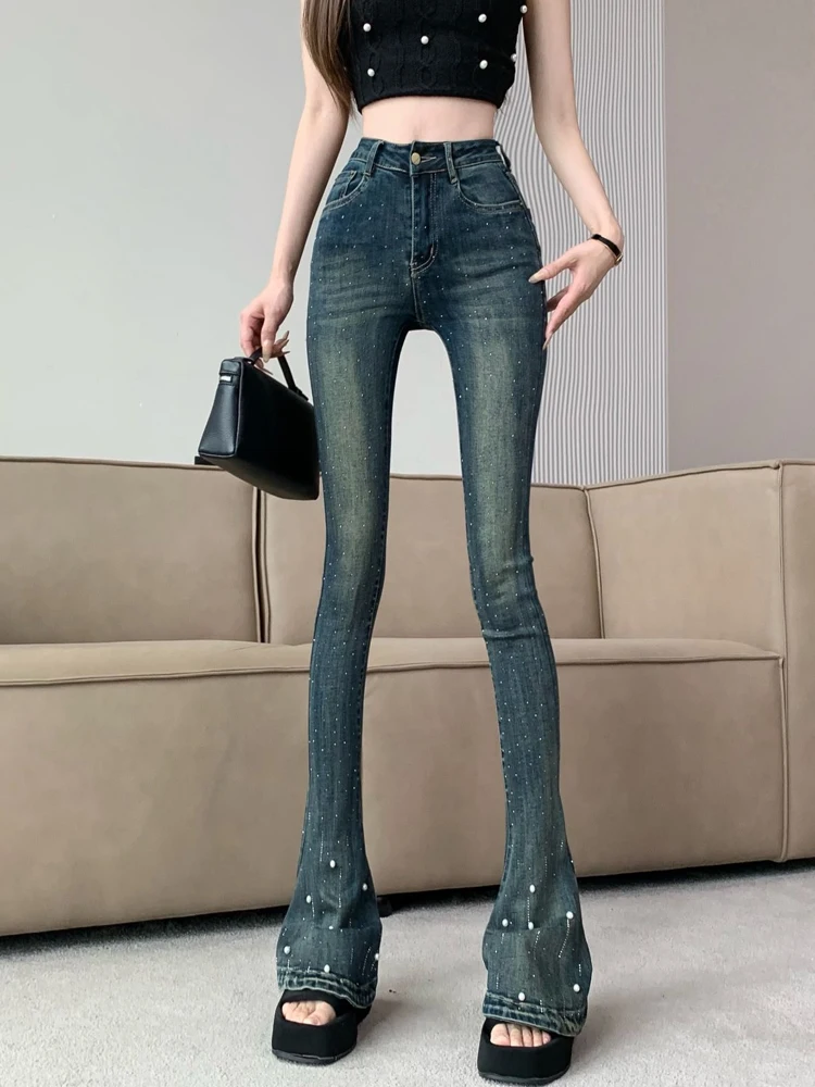 

Женские джинсы с бусинами для тяжелой промышленности, горячие просверленные джинсы, женские осенние брюки с подтяжкой бедер и высокой талией, тонкие расклешенные брюки в пол