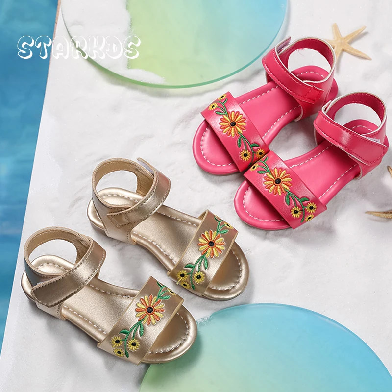 

Sunflower Embroidery Sandals For Kids Girls Summer Concise Hook and Loop Flat Sandalias Child Casual Open Toe Beach Shoes