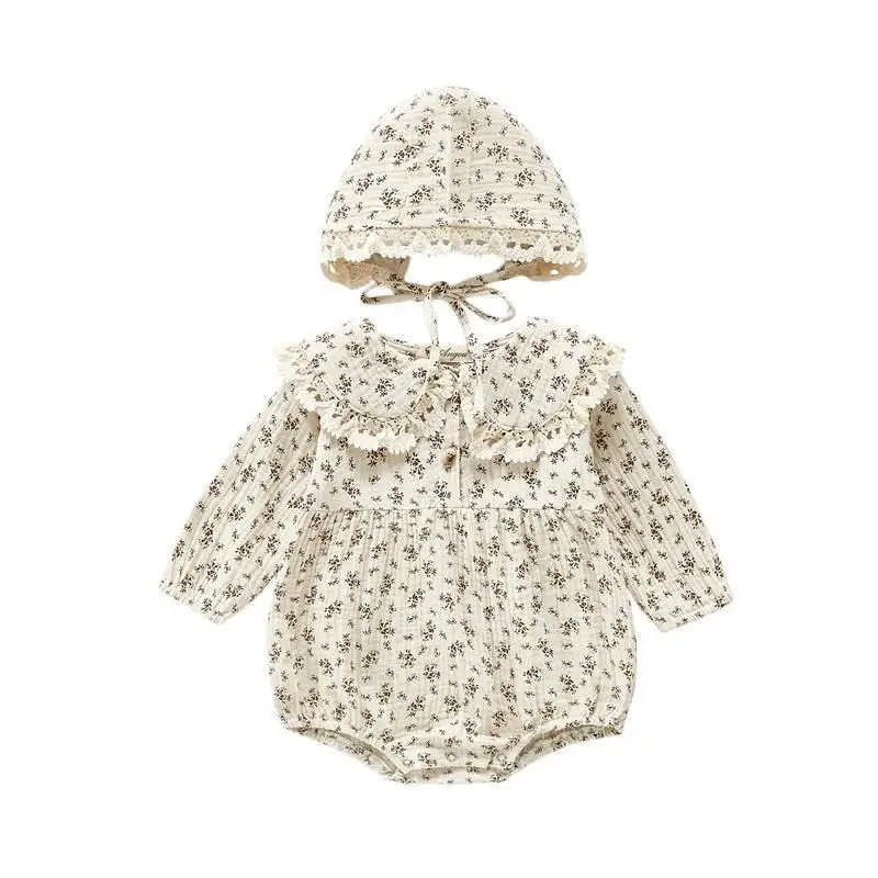Baby Girl Floral Romper Lace Peter Pan Collar Long Sleeve Bubble Bodysuit with Bonnet Soft Breathable Outfit for Spring Autumn