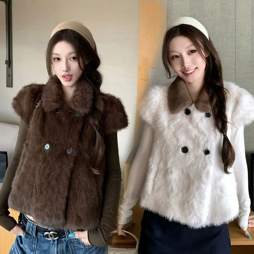 Women Faux Fur Cape Vest, Eco Friendly Furry Sleeveless Shrug, Fall Winter Korean Style Versatile Outerwear Brown & Cream White