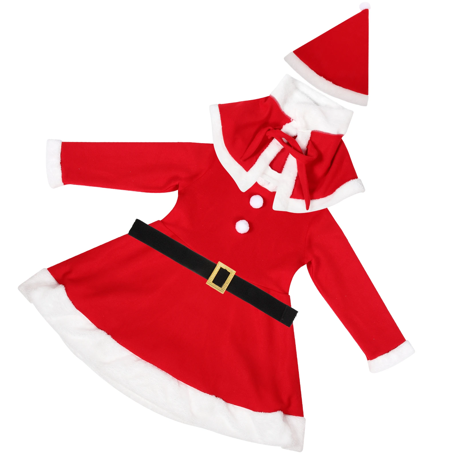 

Christmas Costume Christmas Dance Costume Long Sleeve Dress Shawl Hat Belt Girls Party Outfit Santa Claus 150cm