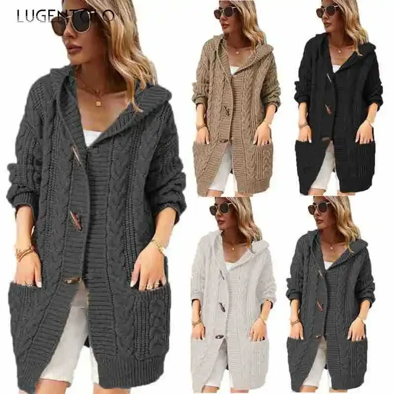 

Lugentolo Hooded Sweater Women Cardigan Thicken Autumn Winter Solid Single-breasted Pocket Female Casual Simple Sweaters