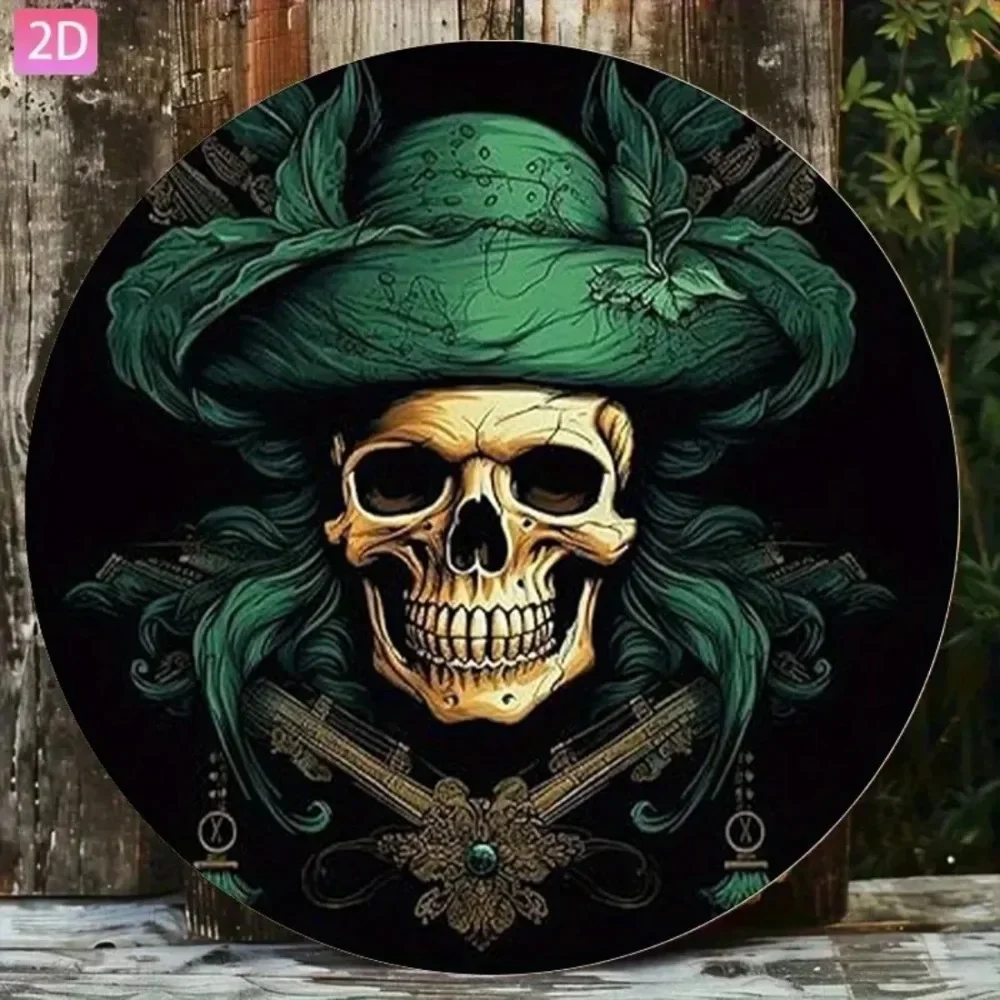 CIFBUY Retro Pirate Skull With Green Hat Round Aluminum Tin Sign Gothic Skeleton Wall Plaque Home Bar Wall Decor