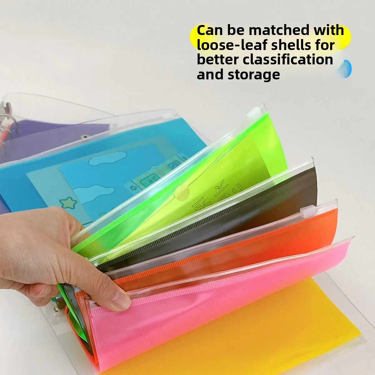 

7Pcs/Pack of Solid Color A5/A6 Classified Frosted PVC Zipper Pouch Pocket Folders - Pink/Blue/Black