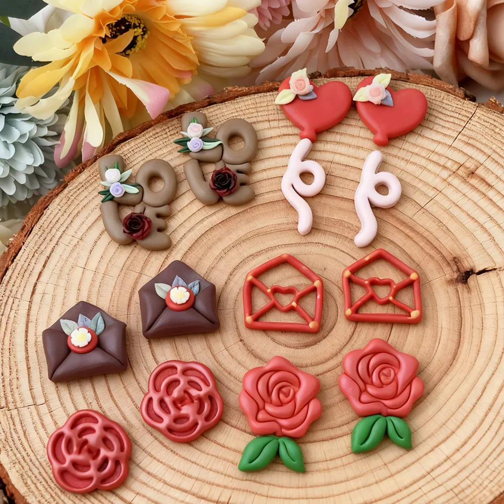 Valentine\'s Days Rose Flower Polymer Clay Cutters Love Envelope Balloon Pottery Clay DIY Earring Embossing Jewelry Cutter Tools