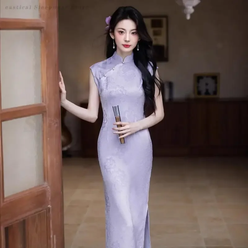 

Women Satin Jacquard Cheongsam Improved New Chinese Style Dress Evening Gown Elegant Vestidos Summer New Sleeveless Long Qipao