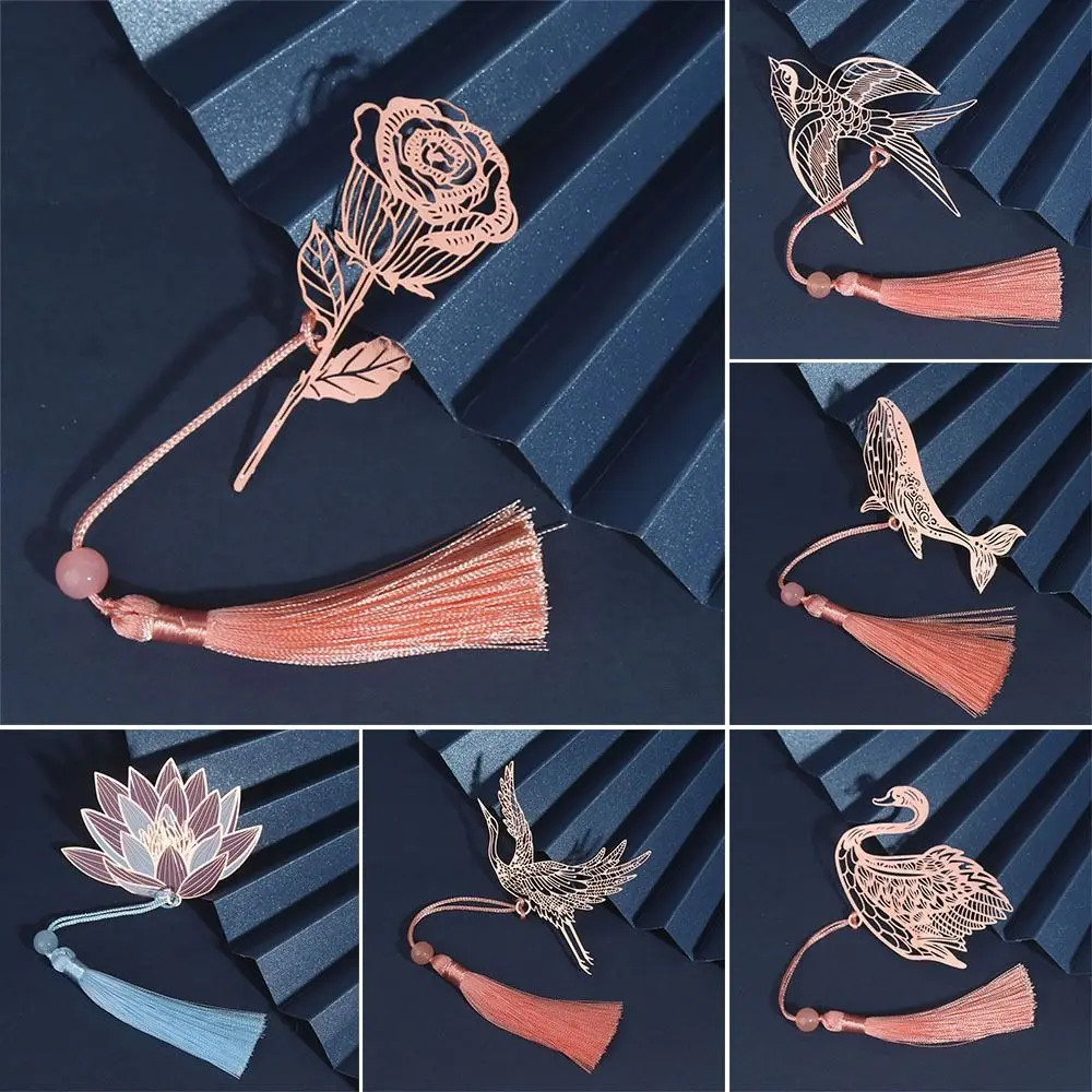 High-quality Metal Hollow Bookmark Rose Gold Chinese Style Tassel Bookmark Hollow Good Wishes Book Clip