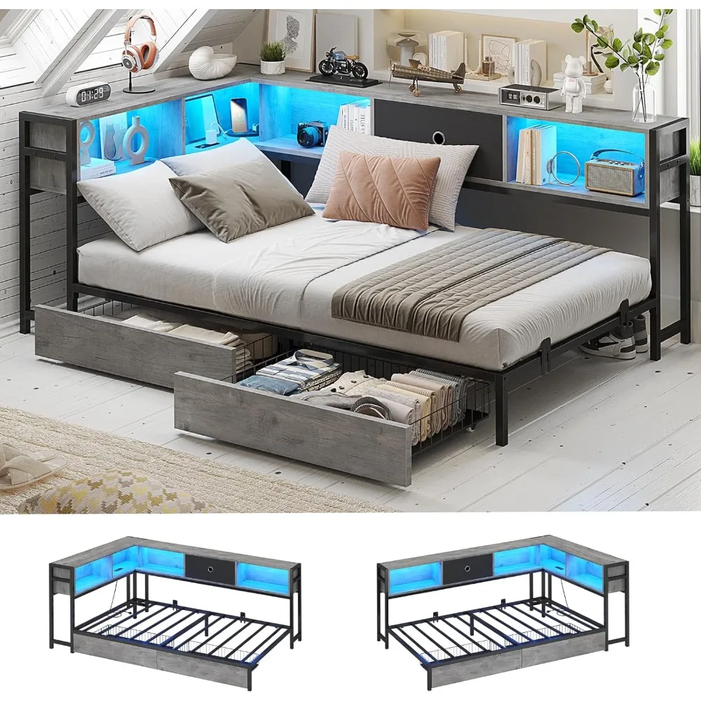 

Corner Bed Frame with Storage Bookcase, Twin Daybed with Storage Drawers Underneath,Bed Unit with Charging Station and LED Light