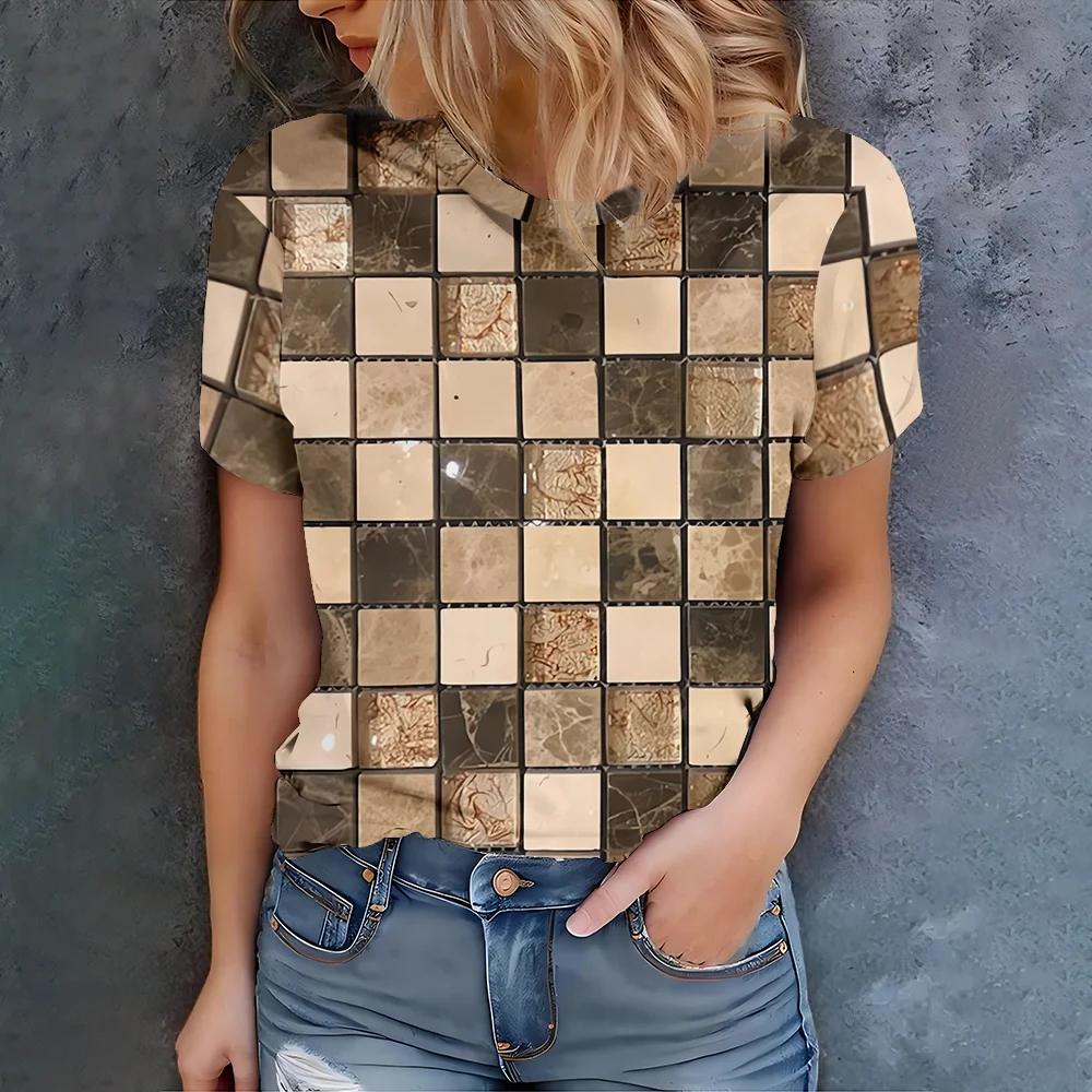 

Ladies' Personalized Block Splicing T-shirt, Retro Mosaic Pattern, Versatile Fashion - New Summer Product of 2025