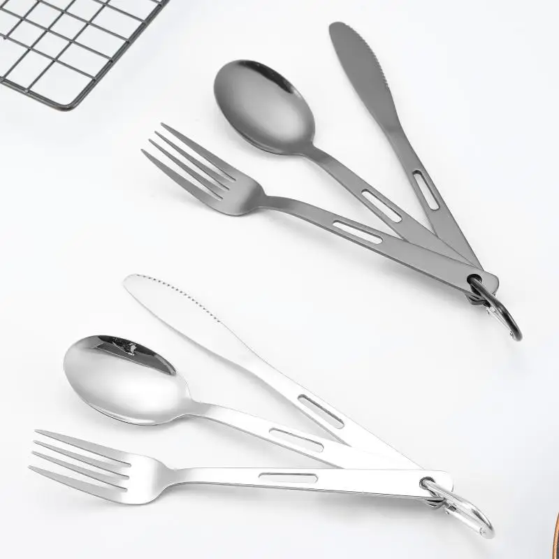 3Pcs Portable 430 Stainless Steel Tableware With Carabiner Outdoor Camping Picnic Knife Fork And Spoon Set Travel Tableware