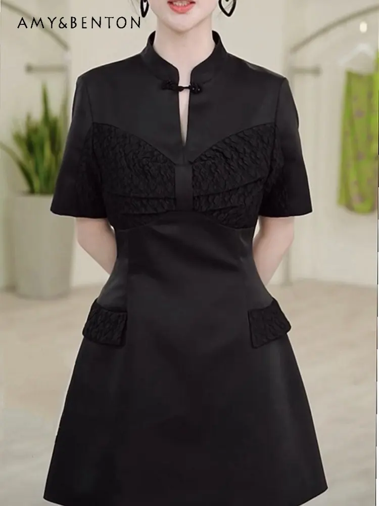 

High-End Sense 2023 Summer New Short Sleeve Dress Chinese Style Improved Cheongsam Fashion Slimming Black Short Dress