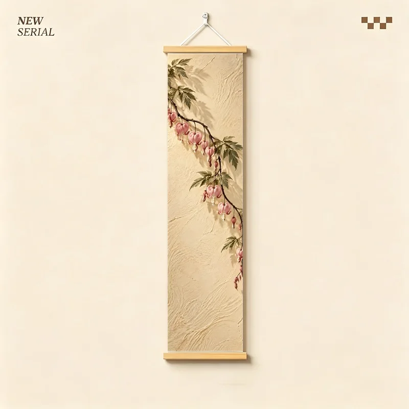 Wall Art Bleeding Heart and Forsythia, Serene Wabi-Sabi Botanical Silver Shimmer Canvas Hanging Scroll for Spa Room Decor