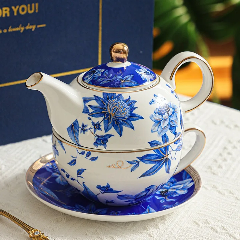 

Blue Peony Ceramic Tea Set, European Mother&child Teapot,Coffee Cup & Saucer Set,For Afternoon Tea Coffee,Premium Gift for Her