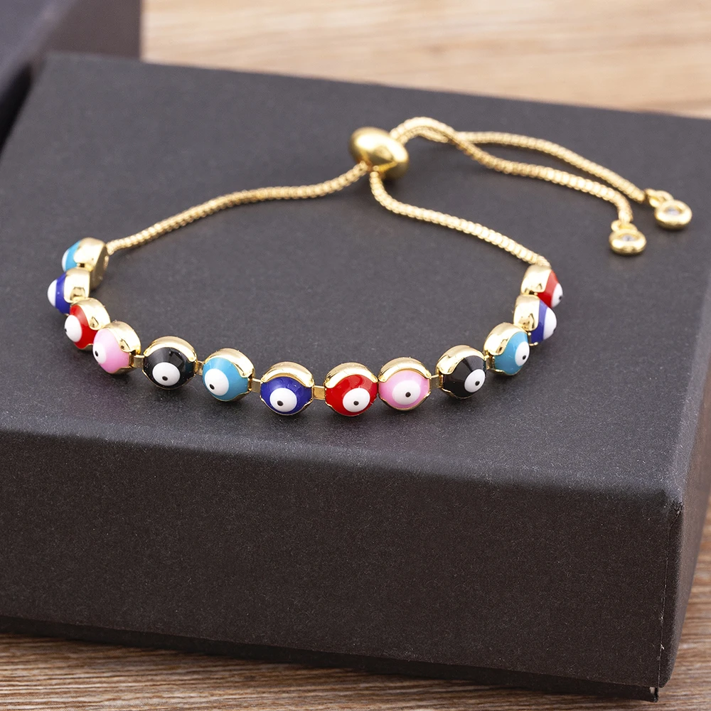 New Fashion Design Rainbow Handmade Beads Inlaid With Turkish Evil Eye Bracelet Women Adjustable Party Jewelry Lucky Gifts