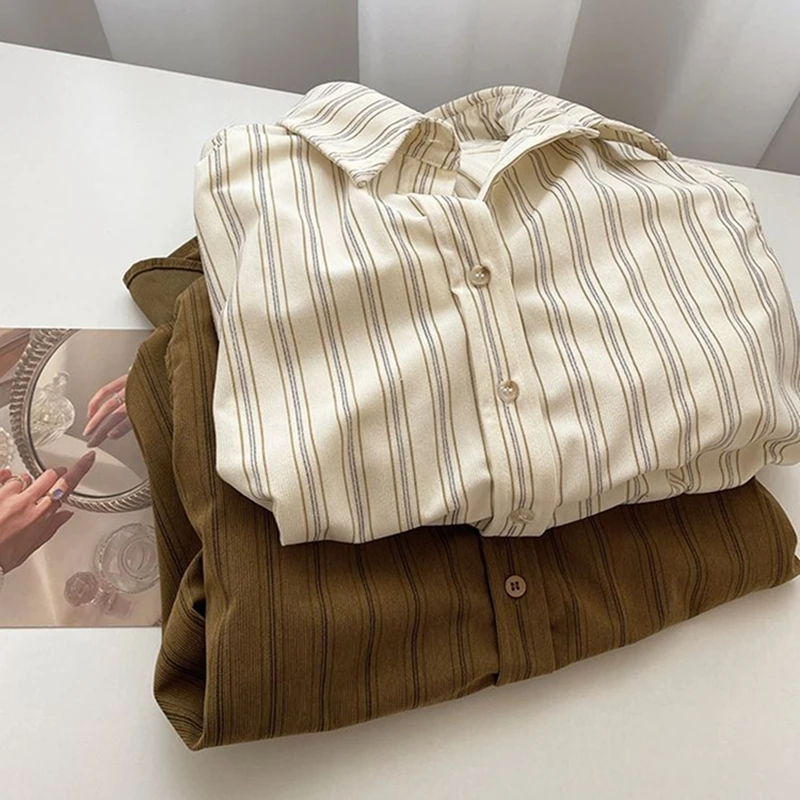 

Women's Vertical Striped Khaki Polo Collar Long Sleeved Shirt Autumn Casual Retro Top Female Single Breasted T-shirt