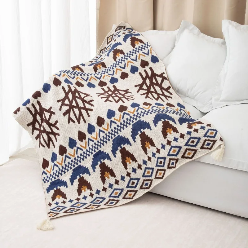 

Geometric Tassel Throw Blanket Ethnic Pattern Sofa Cover for Couch Nap Camping and Indoor Space Decoration Blanket