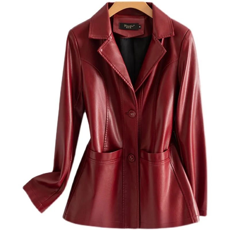 

Женская кожаная куртка весна-осень 2026: Новинка, однотонная, из овчины, приталенная, укороченная, кожаный блейзер, верхняя одежда для женщин