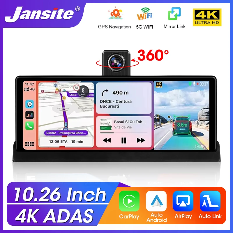 

10.26 Inch 4K ADAS Dash Cam Wireless CarPlay& Android Auto GPS Navigation Night Vision 360° Rotating Lens Car DVR Video Recorder