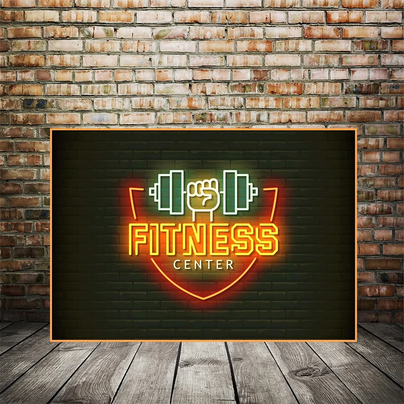 Neon Effect Motivational Bodybuilding Poster Exercise Body Fitness Center Wall Art Canvas Painting Gym Room Home Decor No LED