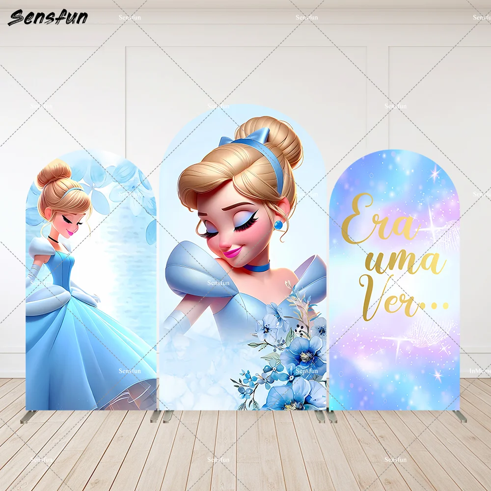 

3D Cinderella Birthday Arch Backdrop Cover,Girl's Party Background Decoration, Baby Shower Arched Wall Panels Fabric