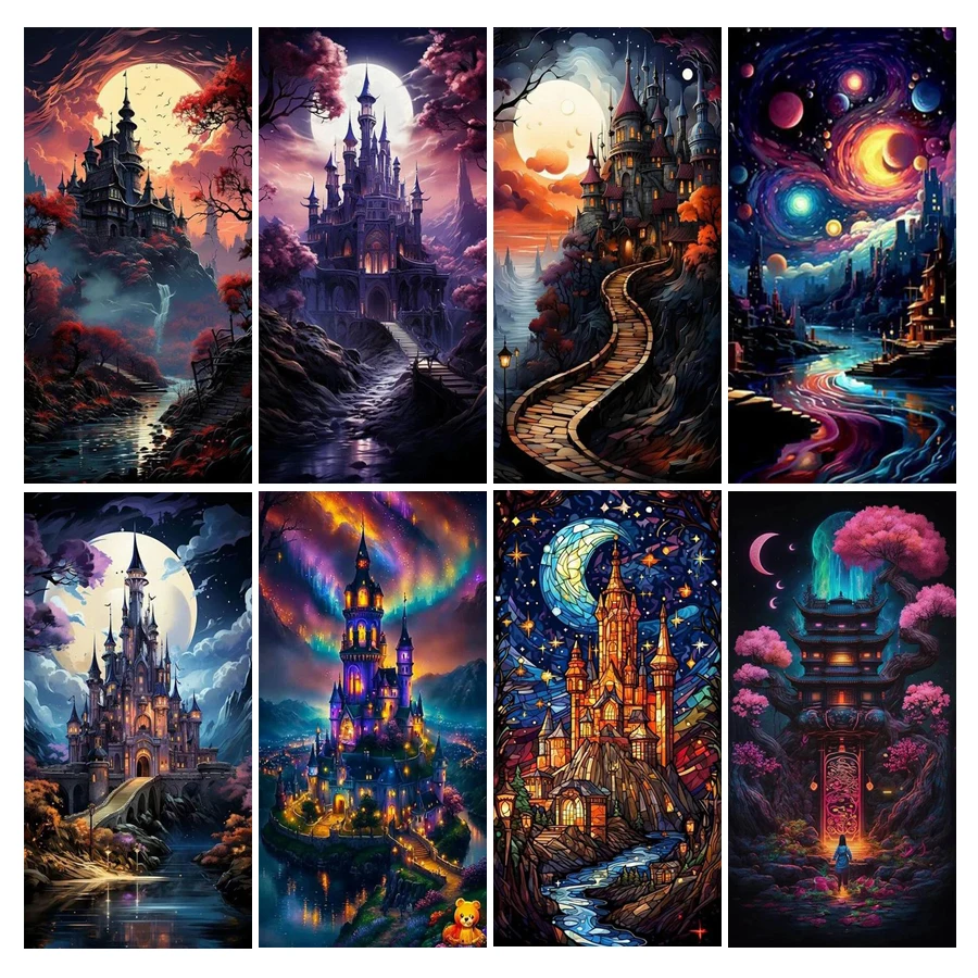 Night Castle Large Size Diamond Painting Diy Full Mosaic Embroidery Abstract Landscapes Rhinestone Picture Wall Decor AA5058