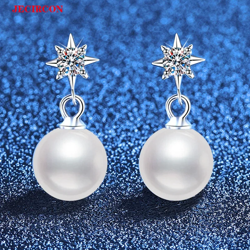 

JECIRCON S925 Sterling Silver Earrings for Women, 3mm Moissanite Star & 8mm Lustrous Freshwater Pearl Dangle Jewelry with GRA