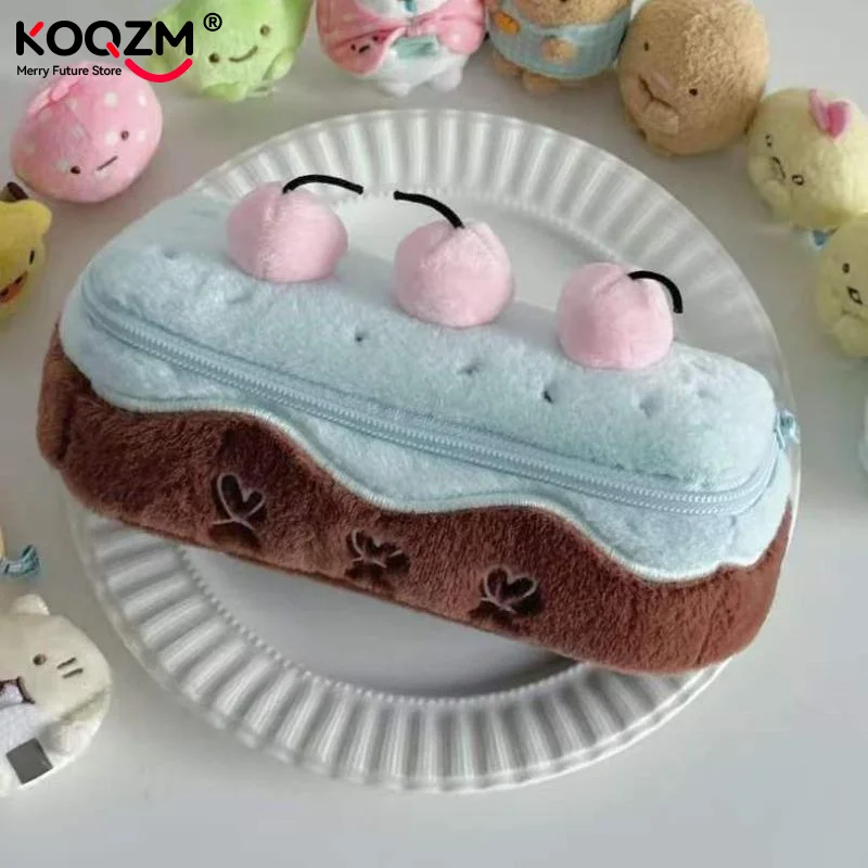 Kawaii Cherry Cake Fuzzy Plush Pencil Case Large Capacity Cute School Supplies Stationery Organizer Pouch Holder Student Gift