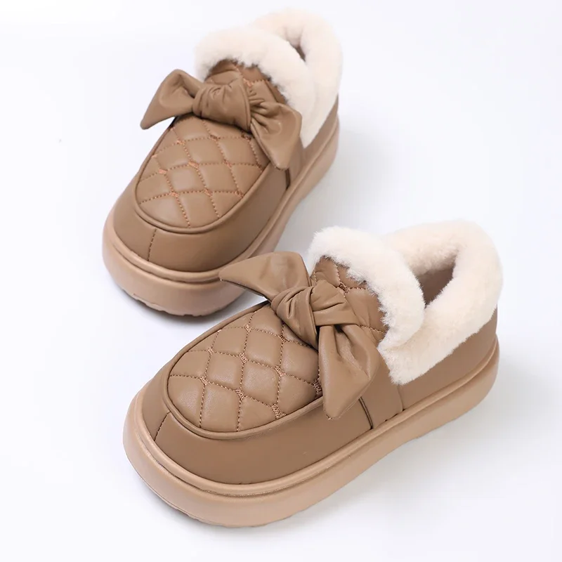 Women Thick Sole Winter Cotton Shoes Ladies Casual Warm Anti-slip Bow Slippers Female Outdoor Fashion Flat Footwear