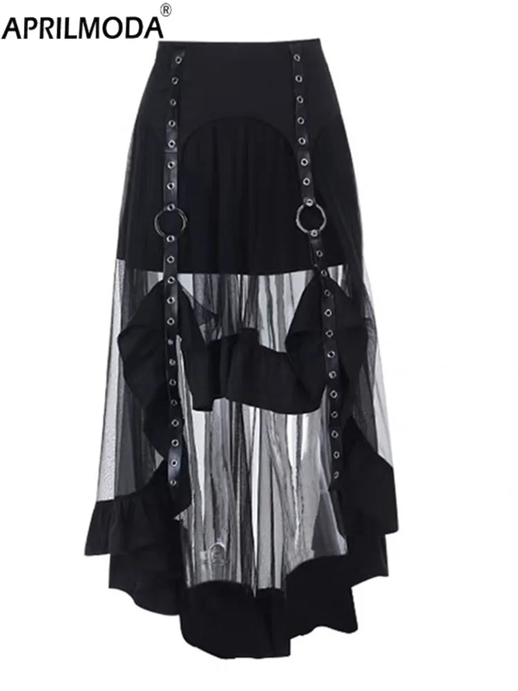 

Subculture High Low Black Gothic Black Midi Long Skirt Women Irregular Mesh See Through Grunge Aesthetic Party Skirts Streetwear